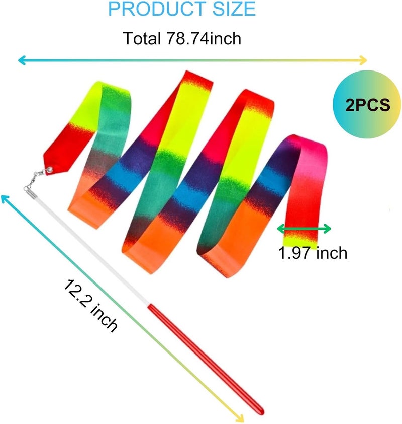 KHYMOHP 2 Pcs Dance Ribbons, Rainbow Ribbon, Rainbow Twirler Stick, 78.7Inch Rhythmic Gymnastics Ribbon, Ribbon Dancer Wand for Kids, Adults, Fits Artistic Dancing Gymnastics, Outdoor Play - Image 2